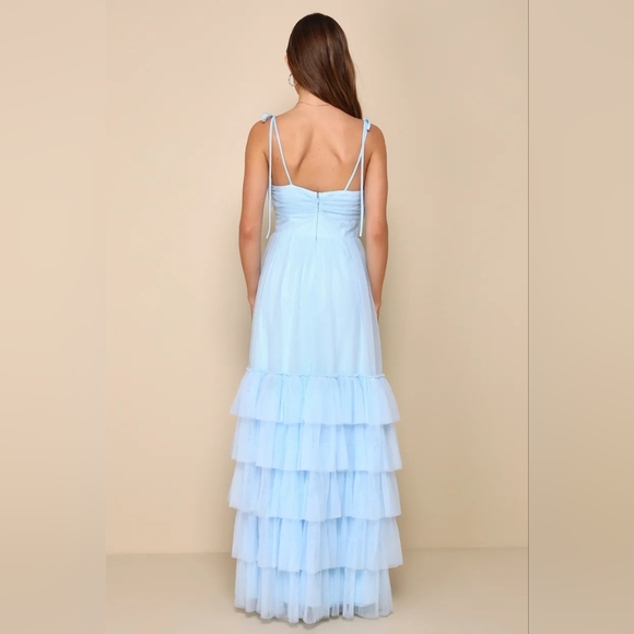 Lulus Endlessly Darling Light Blue Mesh Tiered Tie-Strap Maxi Dress M Wedding - Picture 5 of 9